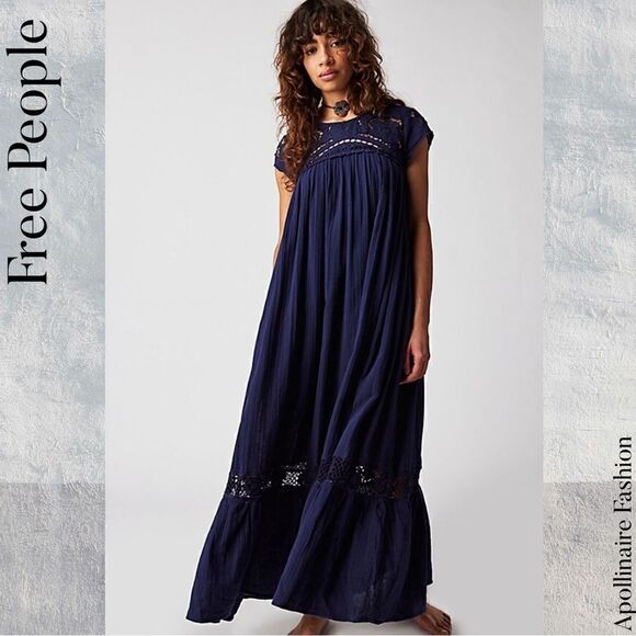 FREE PEOPLE CUTWORK TEE MAXI DRESS IN EVENING ECLIPSE NWT XS - Picture 1 of 9